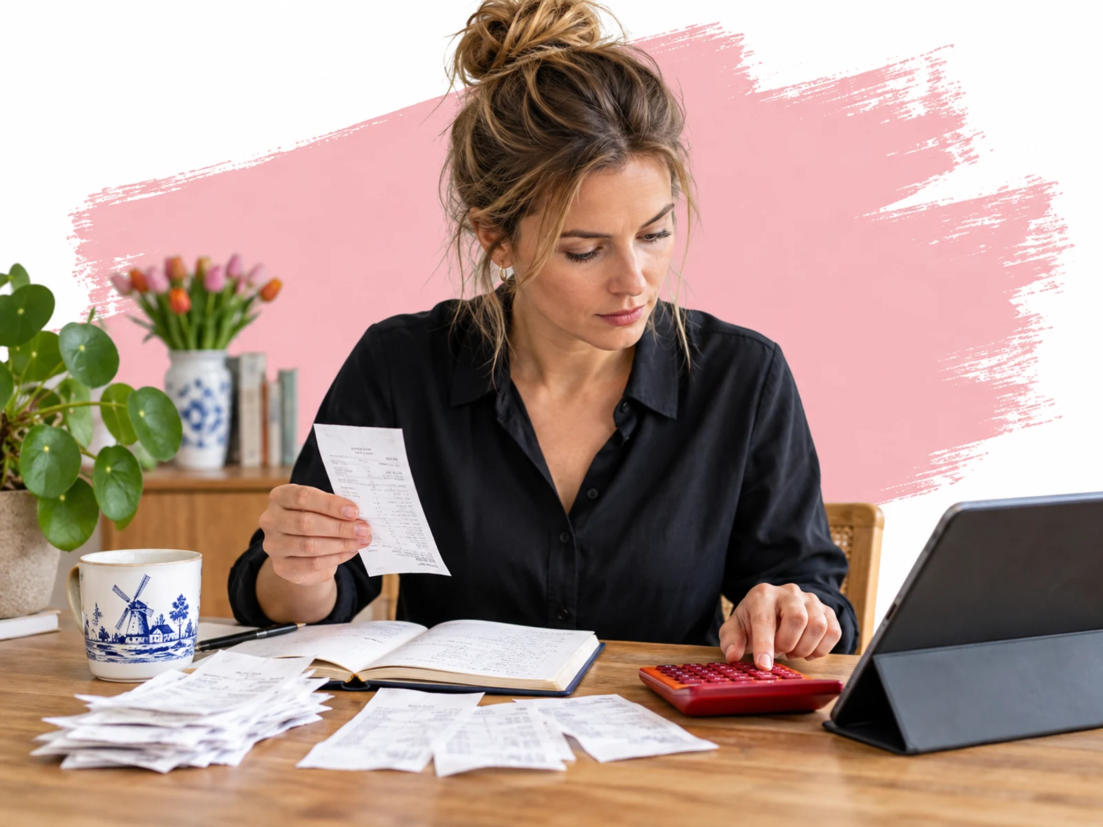 Ondernemer werkt met boekhoudsoftware en bonnetjes.