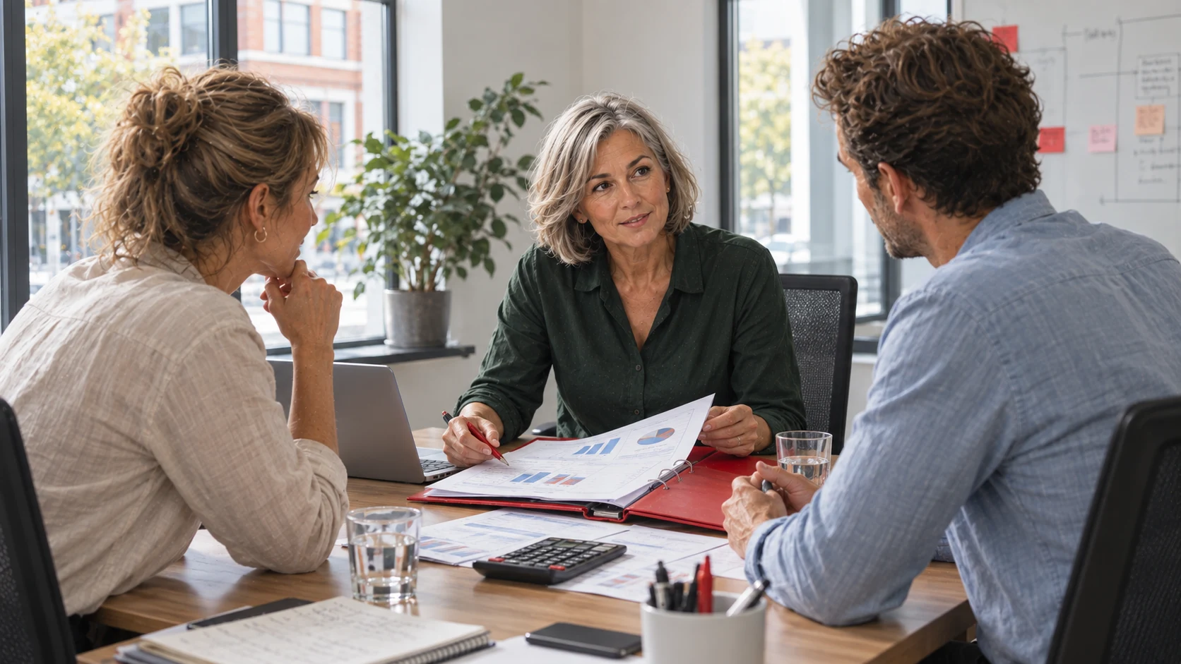 Ondernemer bespreekt haar financiële toekomst aan de hand van documenten en een rekenmachine.
