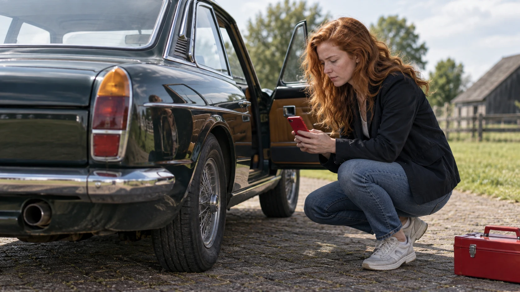 Ondernemer noteert gegevens naast een klassieke zakelijke auto.