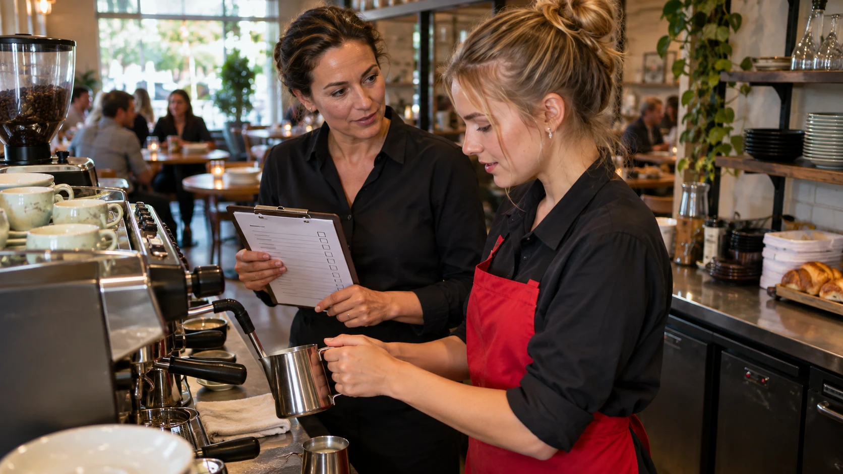 Twee horecamedewerkers controleren samen een document.
