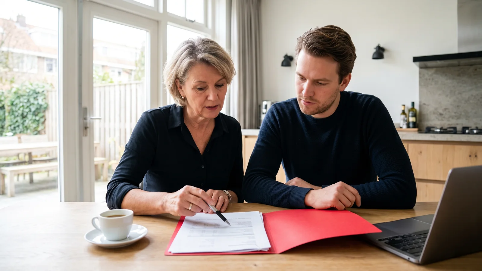 Een ondernemer en haar volwassen zoon nemen aan de keukentafel de papieren van een familiehypotheek door