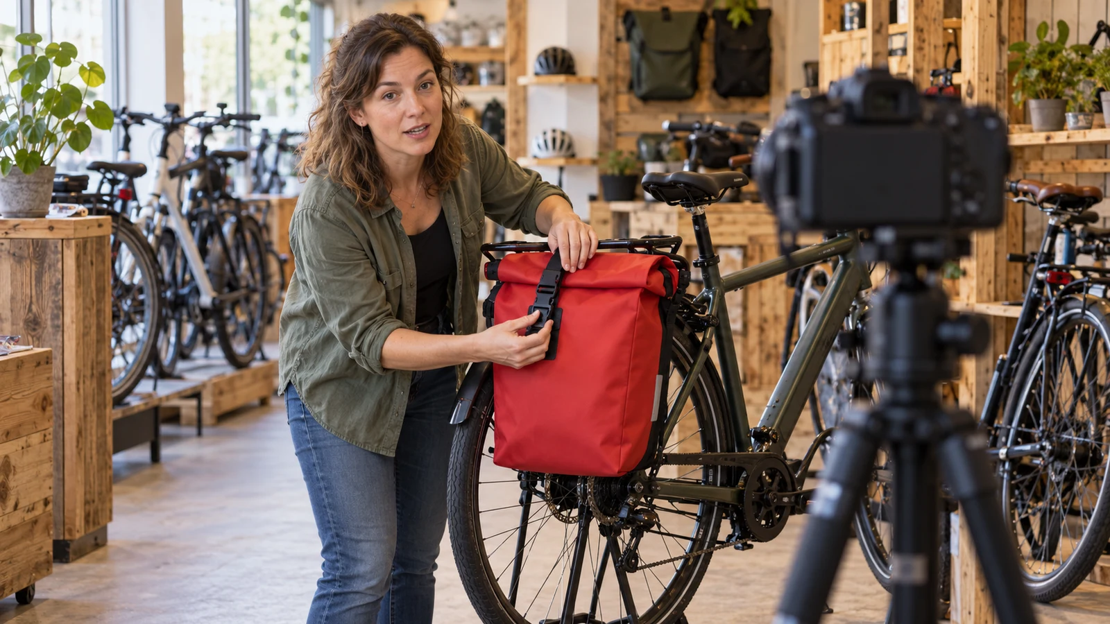 Een maker demonstreert een rode fietstas voor de camera in een fietsenwinkel.