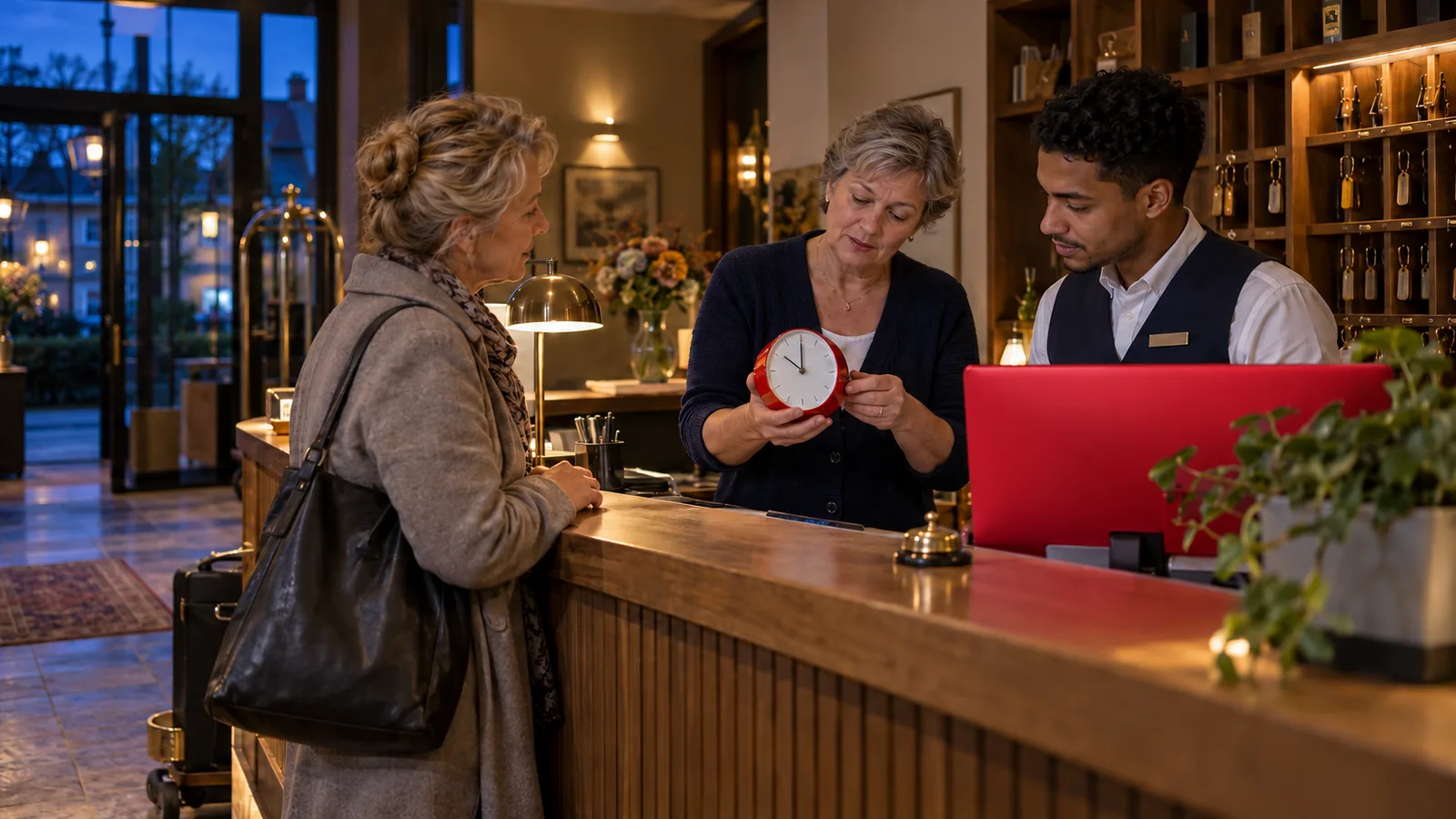 Hoteleigenaar stelt een rode klok bij tijdens een dienstoverdracht naast een rode computer.