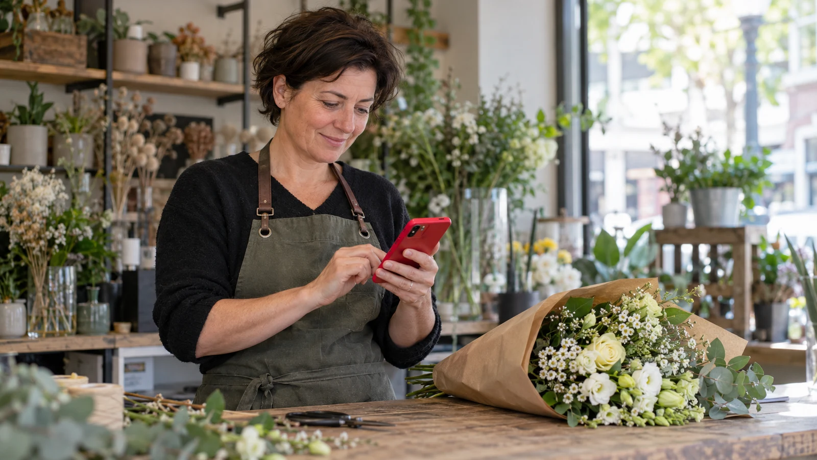Bloemist beantwoordt een klantbericht op haar rode telefoon bij een klaargezette bestelling.